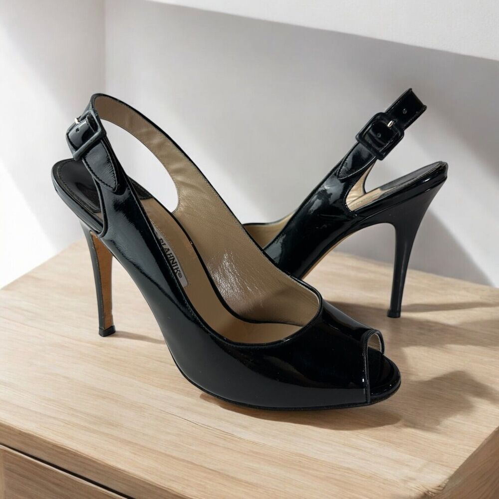 Manolo Blahnik Black Patent Leather Slingback Pump Peep Toe High Heels 38 US 8 - Picture 16 of 16